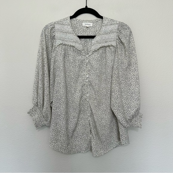 Bohme smocked yoke ruffle 3/4 puff sleeve button down blouse cream black medium - Picture 1 of 3